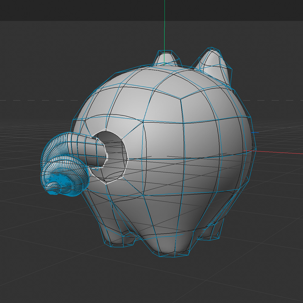 Due to my inexperience and the brevity of a tutorial after connecting the objects + delete and selecting all the edges to then optimize (which connected the tail to the body) the loop at the end of the tail wouldn&rsquo;t properly slide. Thus, the tail to the pig looks a little wonky at the base so I just tried to use the sculpt grab brush to try my best at hiding it better.