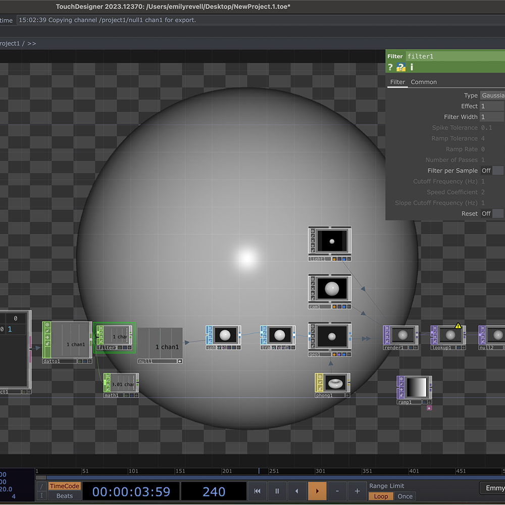 Utilizing the TOP tab if we select the Ramp component we can create a gradient for our sphere by adjusting the colours in the parameter window.