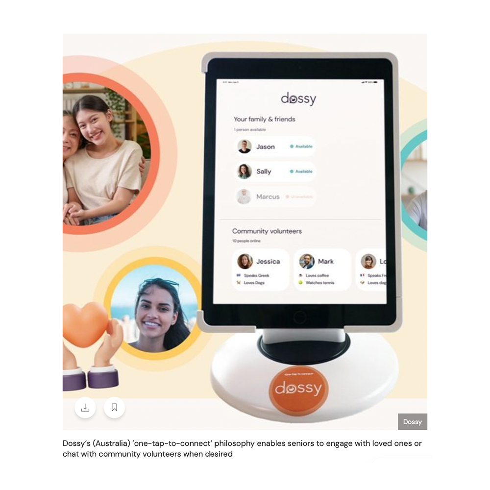 This image was taken from the WGSN article and shows a senior friendly communication device that allows the user to easily connect with their loved ones in one tap. This product is also a great example of a possible direction our project could go in as it focuses on weblleing and connection.