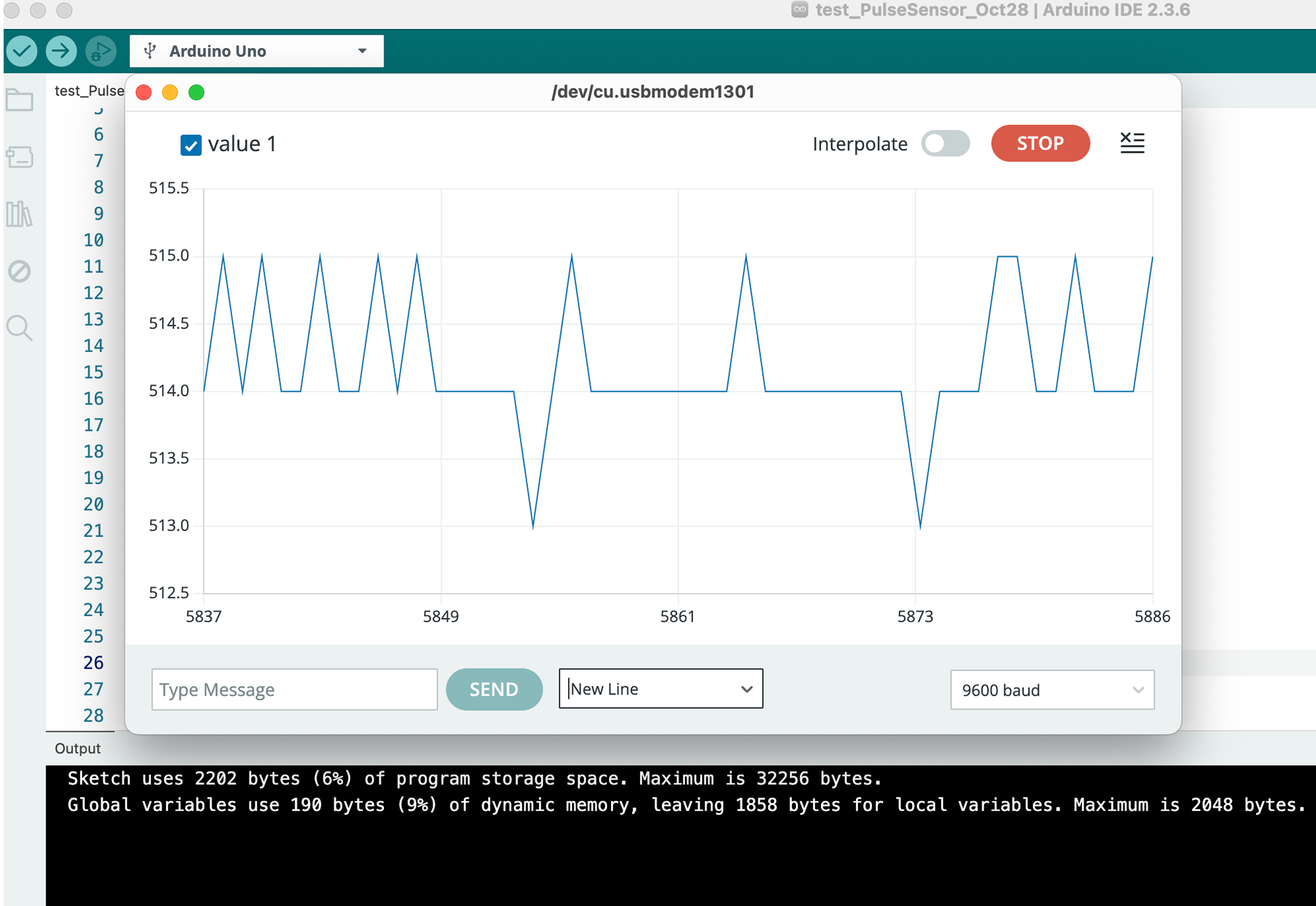 During our testing we also tried to use the serial plotter to see if it was possible to visualize our data (heart rate) to further verify if our code was working properly. In the graph above, the signals seem to be irregular with inconsistencies in the peaaks and troughs. This tells us that there might be issues with our code, sensors, or both.  <a href='https://lastminuteengineers.com/pulse-sensor-arduino-tutorial/' target='_blank'><p>Link to Tutorial for serial plotter by Last Minute Engineers.</p></a> 