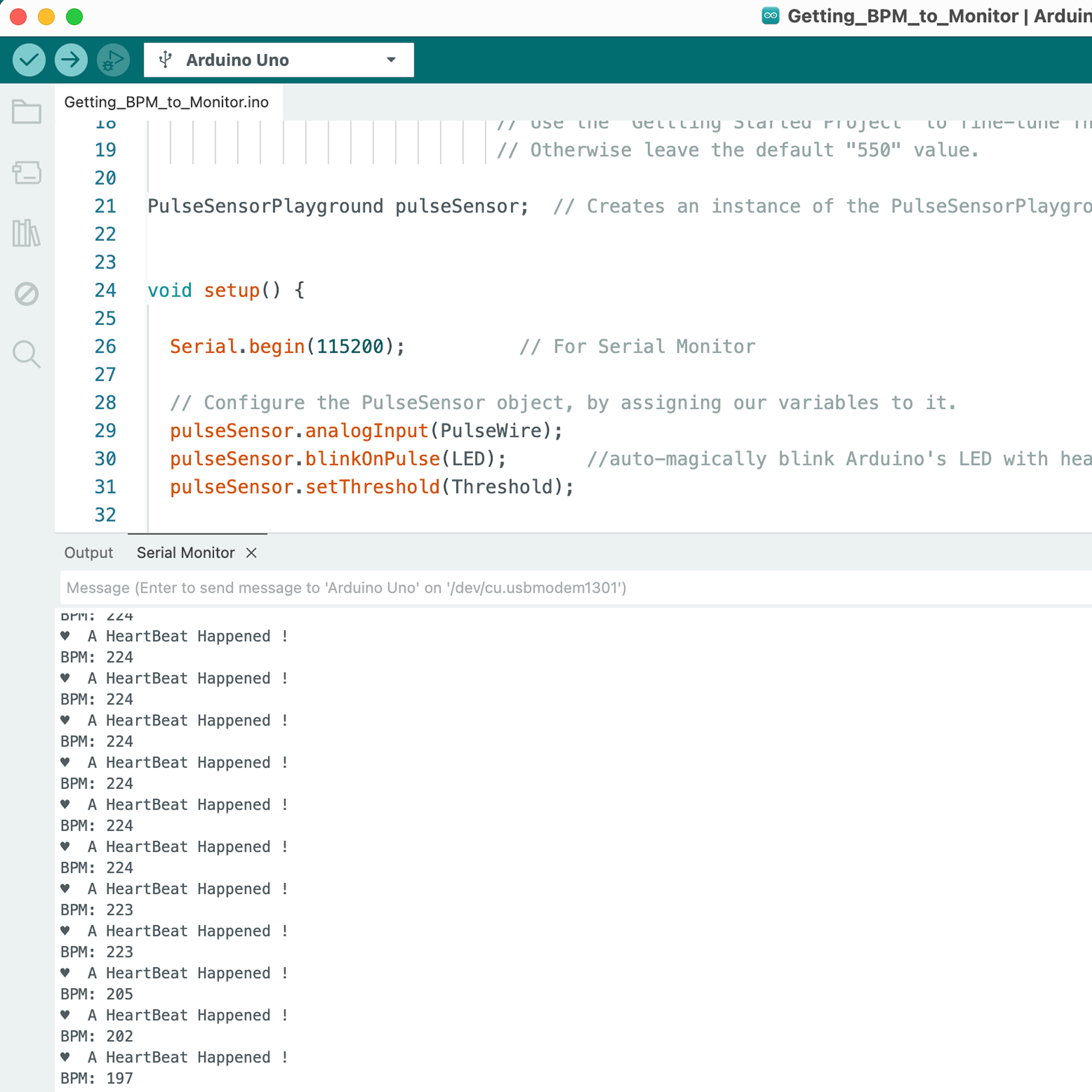 Unfortunatley, we were unable to get the pulse sensor to consistently read the heart rate data. Some issues we encountered included the BPM would always skyrocket to 220 and above (even after correcting baud rate & pin #), it would occasinally take a long time to calibrate, and even playing eith the threshold values didn't seem to help. After spending a lot of time trying to debug both our wiring and code, we decided to move forward so that we could at least have one sensor working for project 2. 