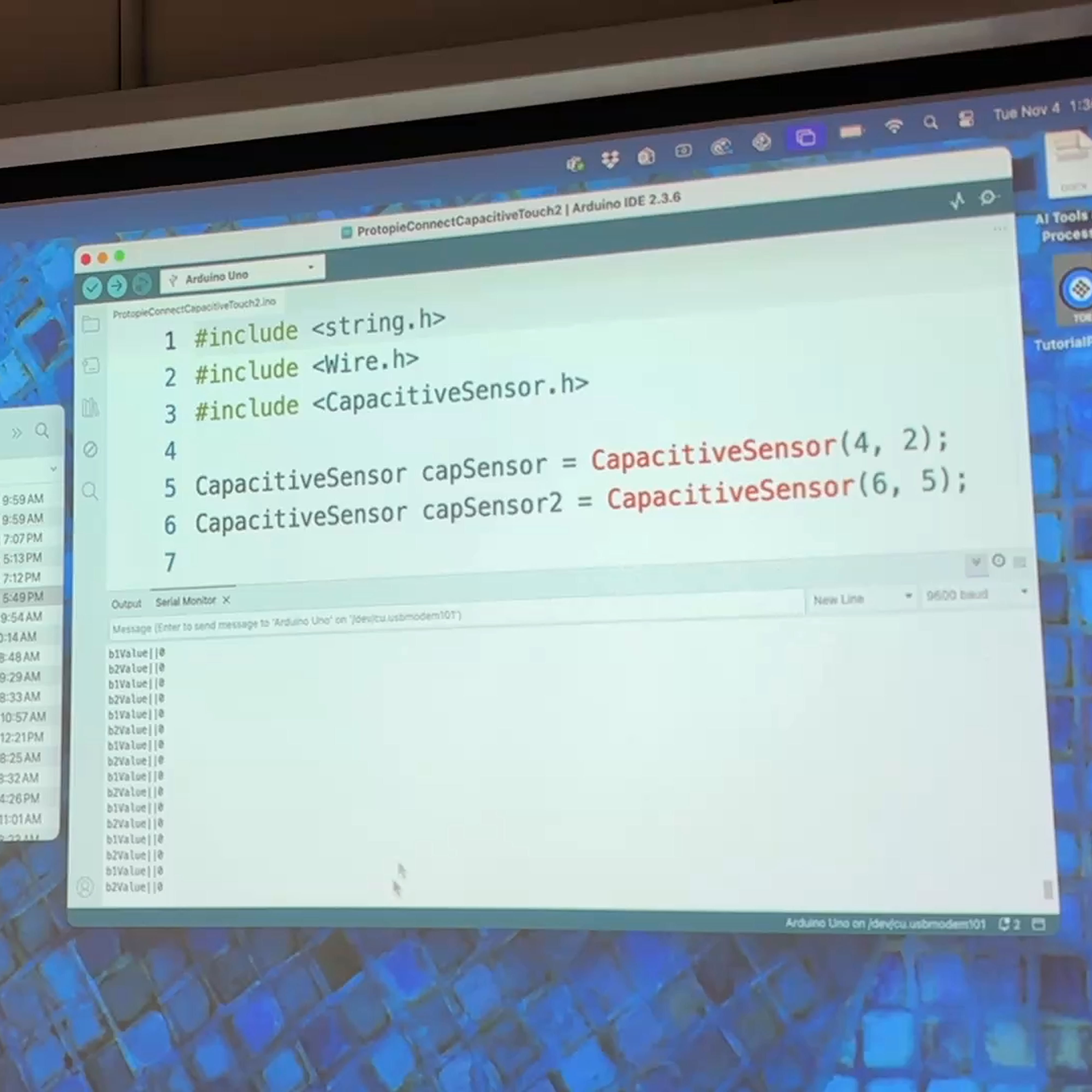 This is an image taken of the serial monitor while testing the capacitive touch sensor. One of our biggest take aways was when Steve talked about the struct function and how it'll be used to help integrate your code with protopie.