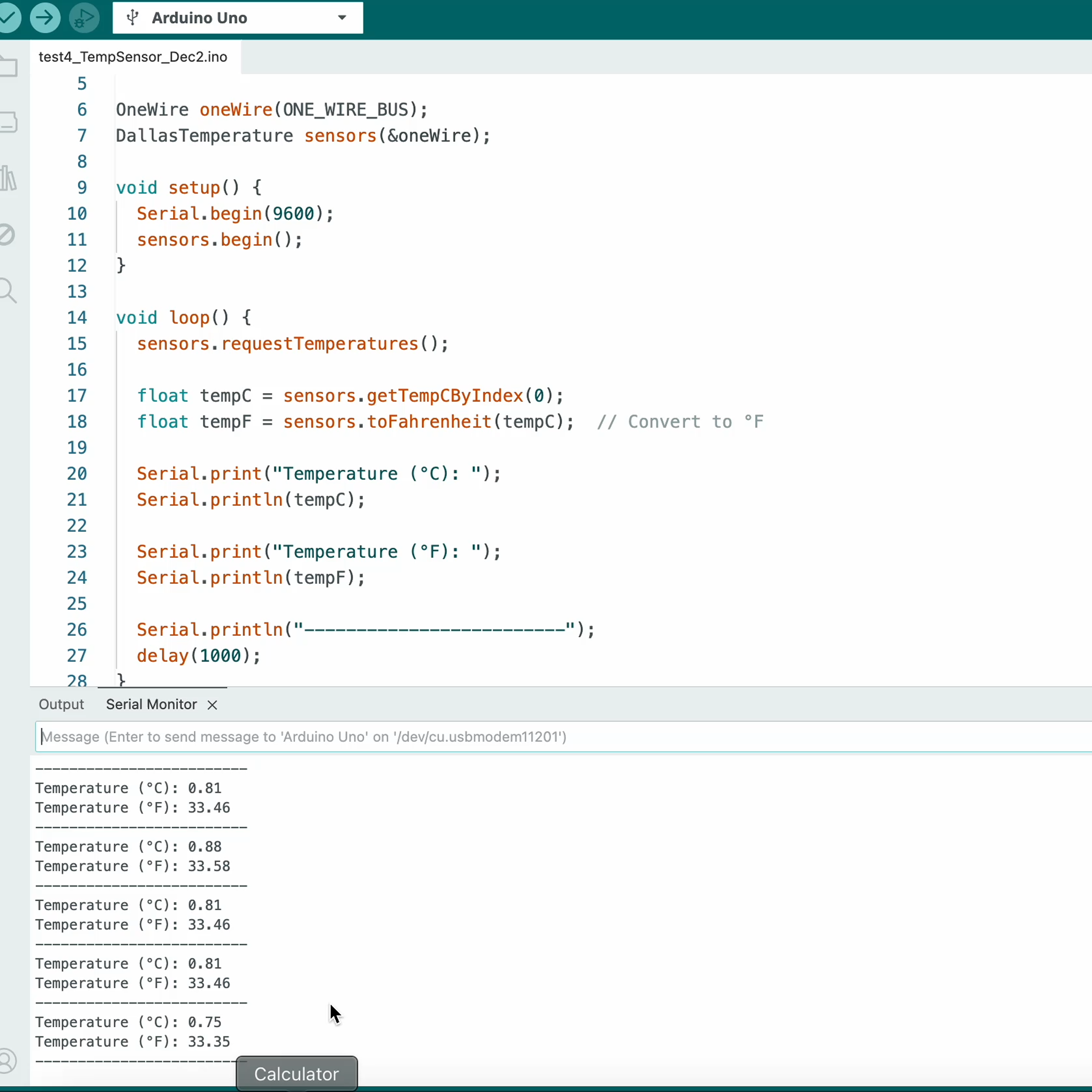 This is an image of the readings on the serial monitor from our snow test. The temperature reading almost dropped to 0 degrees Celcius which furhter confirmed that our sensor was working correctly.