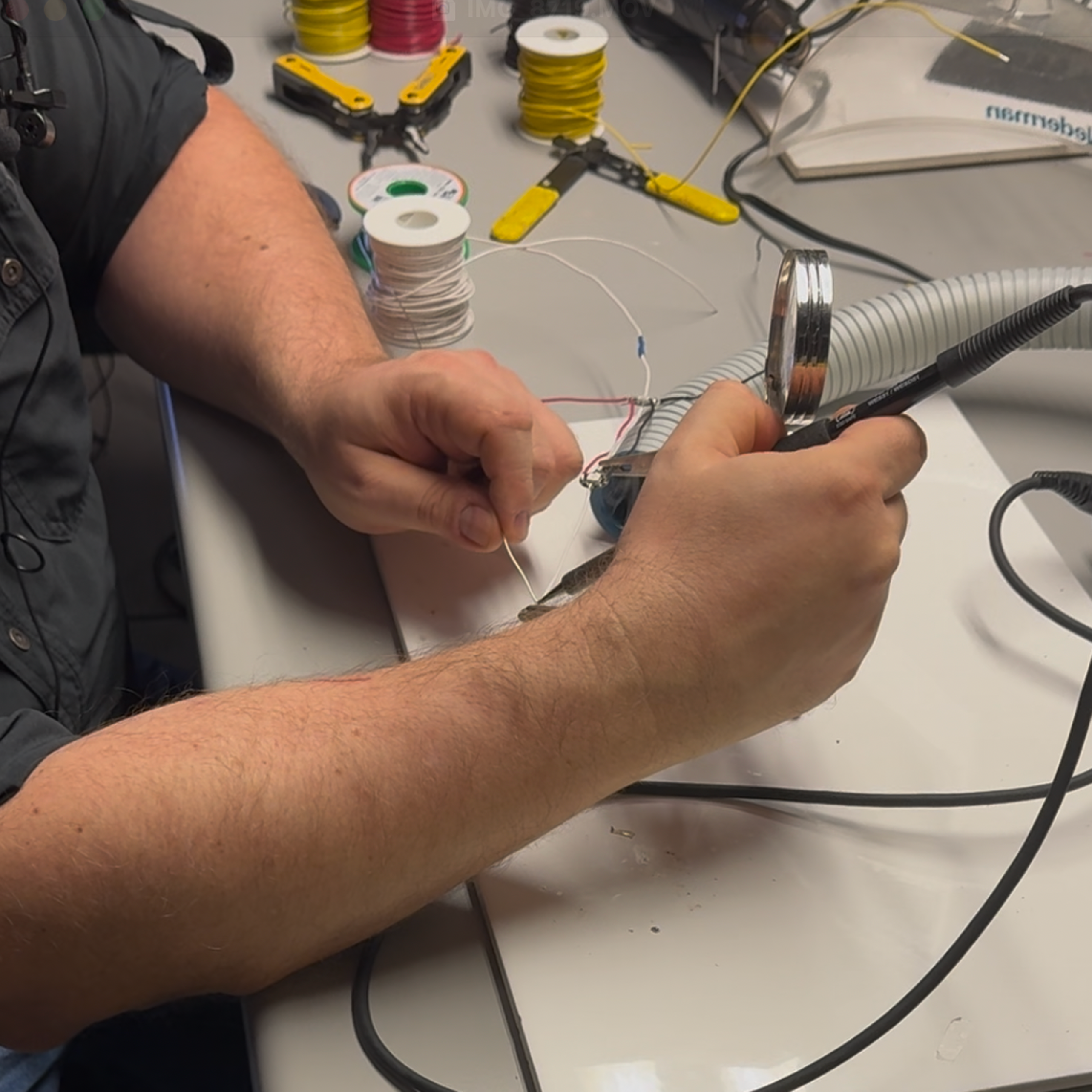 Once the soldering iron is properly heated up, you can solder your components together by touching the tip of the iron to the wire for around seven seconds. Then apply the liquid solder to your connection point and wait until cooled.
