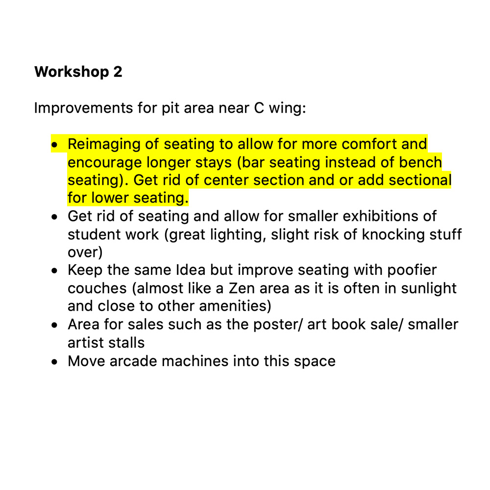 This is a photo of all ideas I had for a redesign of the pit and how the new space may be used. My main takeaway from this image is that I think we should keep this area moderatley the same but with more comfort and opportuinties for people to interact with one another.<li>
